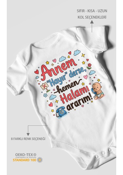 Morivokids Annem Hayır Derse Hemen Halamı Ararım Kısa Kollu Bebek Body %100 Pamuk Beyaz