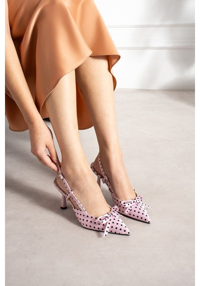 Dabab Shoes Polkıa Pudra Puantiye Desenli Saten Sivri Burun Slingback 7 Cm İnce Topuklu Ayakkabı