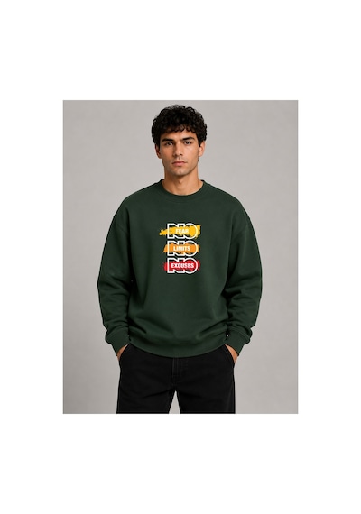 Herkesemoda No Fear Baskı Detaylı Bisiklet Yaka Şardonlu 2 İplik Sweatshirt Yeşil