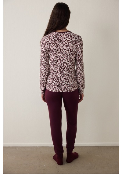 Penti Bordo Leopar Desenli Uzun Kollu Termal Etkili Pijama Üstü