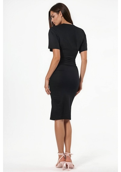 Hiccup Busem Drape Detaylı Dikey Yaka Mini T-shirt Elbisesi Siyah