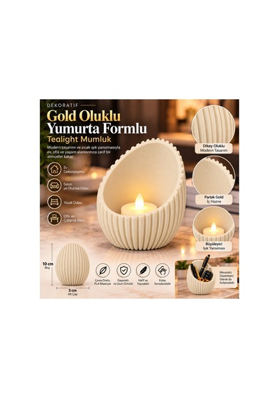Dekoratif Oluklu Yumurta Formlu Tealight Mumluk Ve Masaüstü Düzenleyici 10x5 Cm - Krem