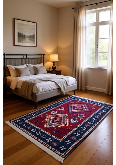 Blghome Geleneksel Motifli Modern Halı Dekoratif Kilim Kırmızı - Mavi
