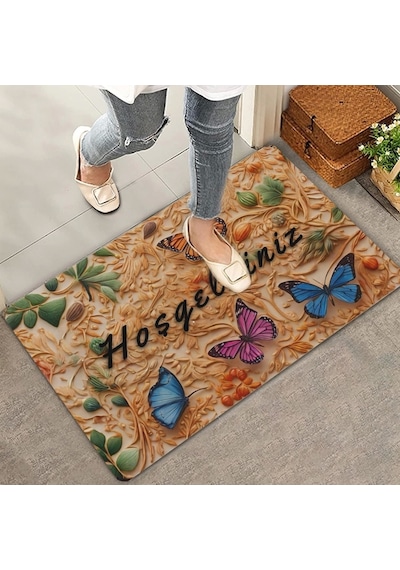Valerine Life Ahşap Oyma Temalı Kelebekli Hoş Geldiniz Kapı Önü Paspası 45x70cm
