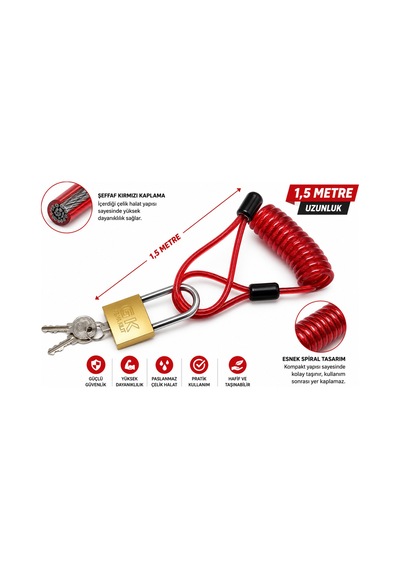 Çelik Halatlı Motosiklet Kask Kilidi 1.5 Metre Kırmızı Spiral Kablo