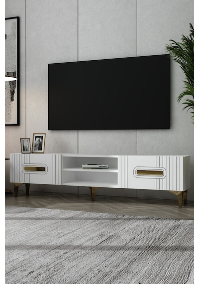 180dhdtsr8ba Luna Kapaklı Pleksi Lazer Desen Tv Sehpası Beyaz-altın