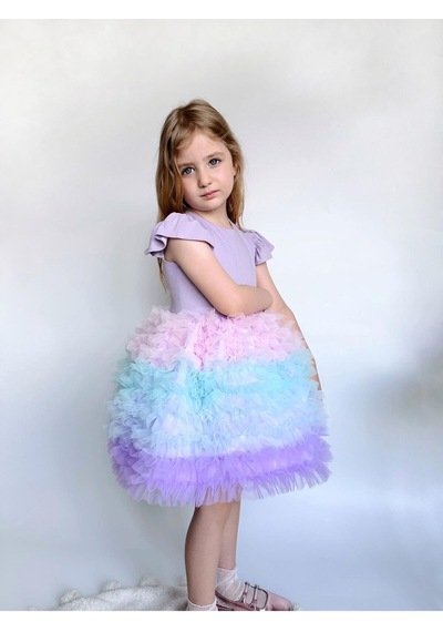 Linola Baby Kids Rainbow Tütü Etekli Kısa Kollu Çocuk Elbisesi Lila