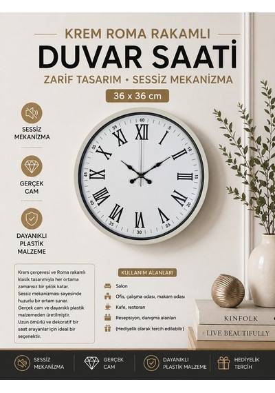36 Cm Krem Roma Rakamlı Duvar Saati Roma Rakamlı Beyaz Kadran