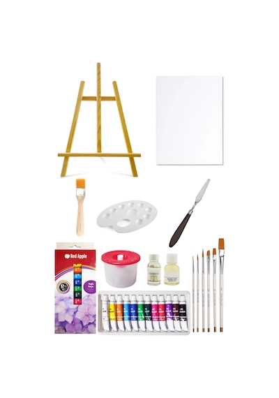 Mini Şövale Seti 38 Cm Red Apple Tüp Yağlı Boya Seti 12 Ml 12'li 25x35 Tuval Seti Metal Spatül Çok Renkli