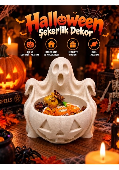 Halloween Cadılar Bayramı Dekoratif Hayaletli Balkabağı Şekerlik Kase Masa Üstü Dekor