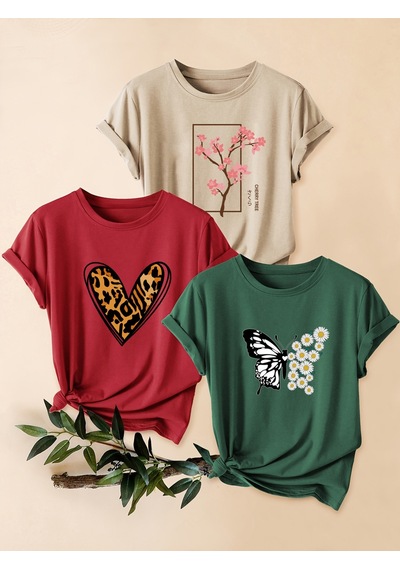 Uyguntarz Unisex Bej Kırmızı Yeşil 3'lü Tasarım Tshirt Seti Çok Renkli
