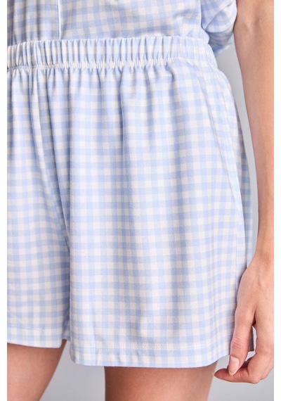 Defacto Regular Fıt Şortlu Kısa Kollu 2li Kareli Softshell Açık Mavi Pijama Takımı H6375ax26hsbe250 Mavi-be250