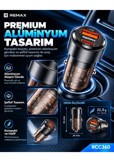 Remax Rcc360 75w Pd 45w Type-c Ve Qc 30w Usb-a Şeffaf Araç Şarj Cihazı
