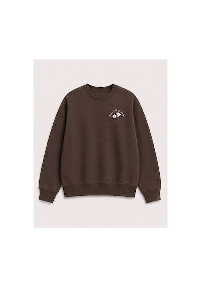 Herkesemoda Papatya Baskı Detaylı Bisiklet Yaka Şardonlu 2 İplik Sweatshirt Kahverengi