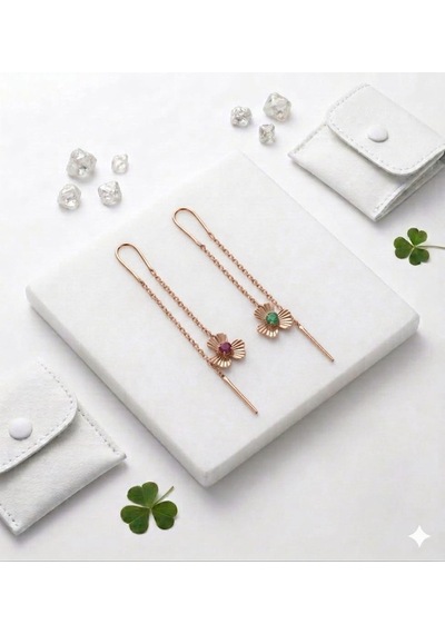 925 Ayar Gümüş Altın İşçilik Doğum Taşlı Kalemli Zarif Sallantılı Yonca Küpe.rose.gold.rodaj