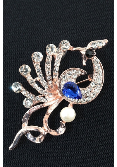 Yeniden Doğuşun Hikayesi Anka Kuşu Broş Gold Renk Safir Mavi Zirkon Taşlı İncili Kadın Yaka İğnesi Çok renkli