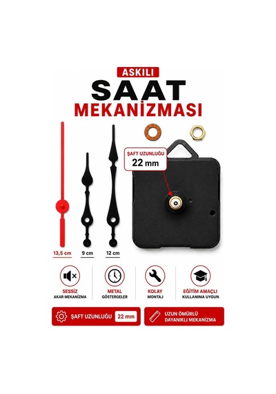 Askılı Sessiz Akar Saat Mekanizması 22 Mm Şaft Metal Akrep Yelkovan Saniye Seti Siyah