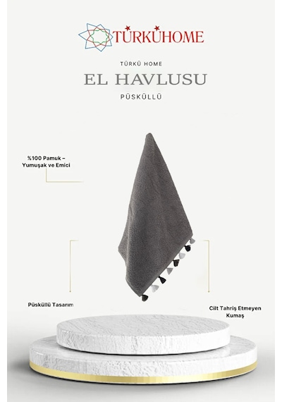 Püsküllü Yumuşak Pamuk Havlu Yüksek Emicili El Havlusu 50x90 Cm Gri
