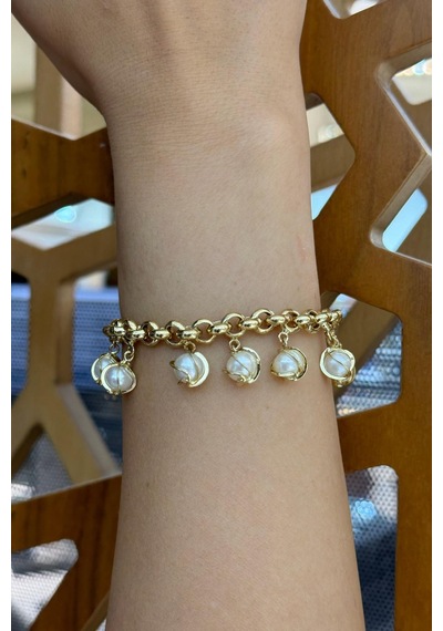 7,5 Mm İnci Detaylı Doc Zincir Bileklik Gold Sarı Altın