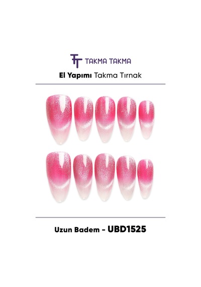 10'lu Pembe Uzun Badem Ubd1525 Tekrar Kullanılabilir El Yapımı Protez Takma Tırnak Xs