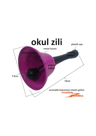 Okul El Zili Çanı Metal Çanak Plastik Sap İnce Sesli Ders Çanı Ku