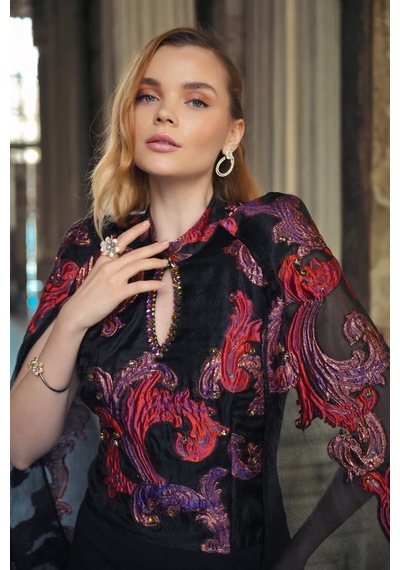 Crystalia Lauren Dress Krep Ve Jakar Kumaş Özel Tasarım - Siyah Siyah