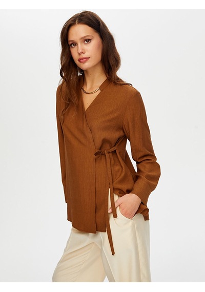 Faik Sönmez Beli Bağcıklı Kendinden Dokulu Kaçık Yaka Tunik W26tnk003 Uw26tnk00383 Koyu Kahve