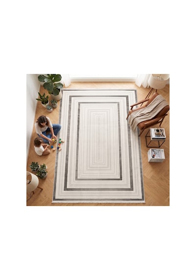 Merinos Vista Beyaz Renk Gri Çok Çerçeveli %100 Akrilik Yumuşak Dokulu Salon Oturma Odası Halısı 76591-95