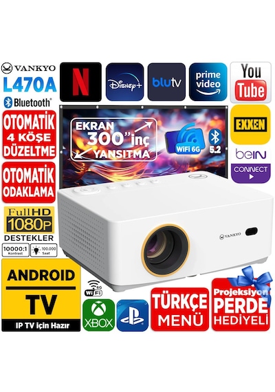 Vankyo Leisure L470A Android TV 1080P Destekli 6G Wi-Fi + Bluetooth 5.2 Projeksiyon Cihazı Beyaz