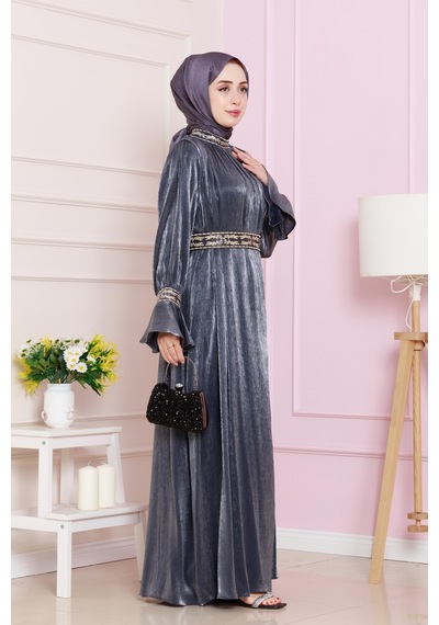 Kolu Volanlı Nakış Detaylı Abiye-lacivert-4710