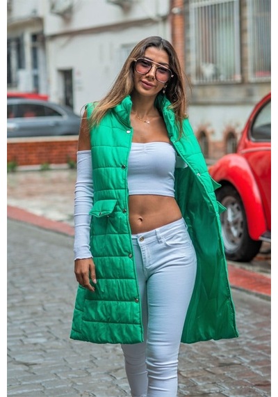 Veraura Lifestyle Yeşil Dik Yaka Cep Detaylı Uzun Şişme Yelek