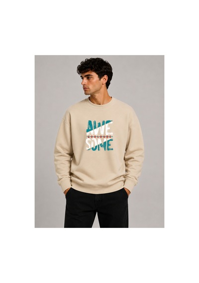 Herkesemoda Awesome Baskılı Bisiklet Yaka Şardonlu 2 İplik Sweatshirt Bej