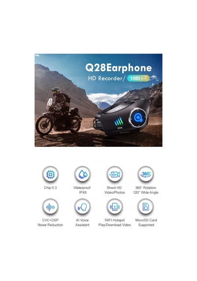 Wearfitpro Q28 Motosiklet Kask İçin 1080p 360 Derece Dönebilen Video Kamera Bluetooth Kulaklık