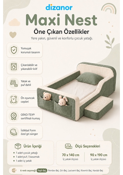 Dizanor Maxi Nest Montessori Çocuk Karyola Yatak Seti Yeşil Fitilli 140 X 200 Dizanor Maxi Nest Montessori Çocuk Karyola Yatak Seti Yeşil Fitilli 140 X 200