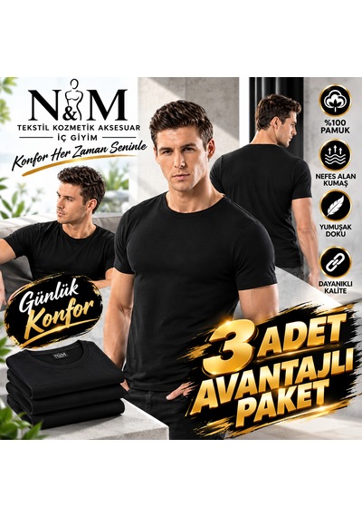Erdem Erkek Siyah Amerikan Yaka Pamuklu Tişört Atlet-3'lü Paket- 1168