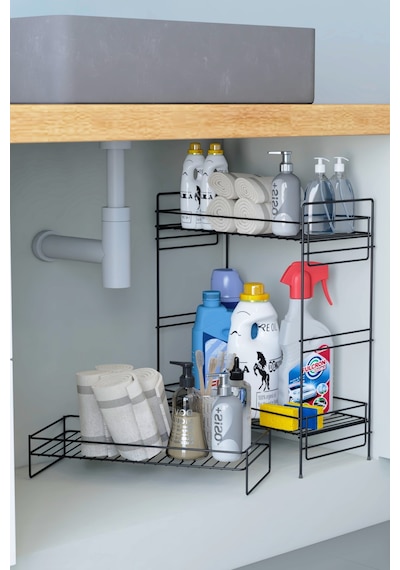 3 Katlı Evye Tezgah Altı Raf Banyo Mutfak Dolabı Çok Amaçlı Düzenleyici Deterjanlık Organizer 20x40 Siyah