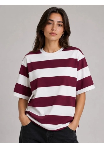 Valensdesign Çizgili Oversize Tişört Bisiklet Yaka Kısa Kol Yazlık T-shirt - Bordo