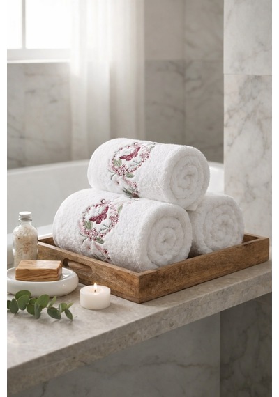 Bambu Pamuk 50 X 90 Cm Nakışlı El Havlusu Açık Bej - Yeşil