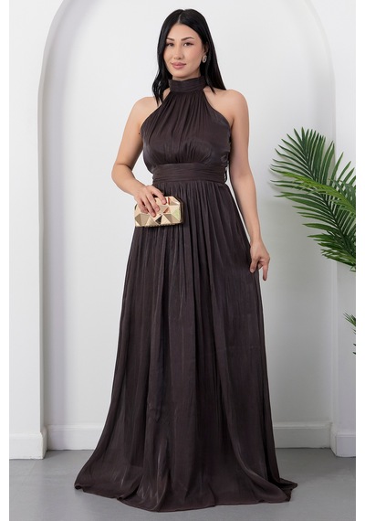 Kalopya Halter Yaka Şifon Elbise Grs4128 Kahve