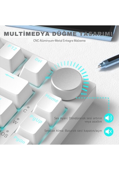 Ak820 Kablolu Mekanik Oyun Klavyesi , Mavi Işıklı, Beyaz, 82 Tuş, Hot Swap, Anti Ghosting