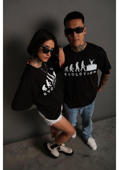 Technomonkey Siyah Oversize Evolution Baskılı Unisex Tişört