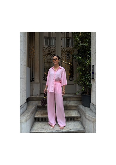 Meecy Kadın Tencel Kumaş Pantolon Gömlek Takım Pembe Pembe