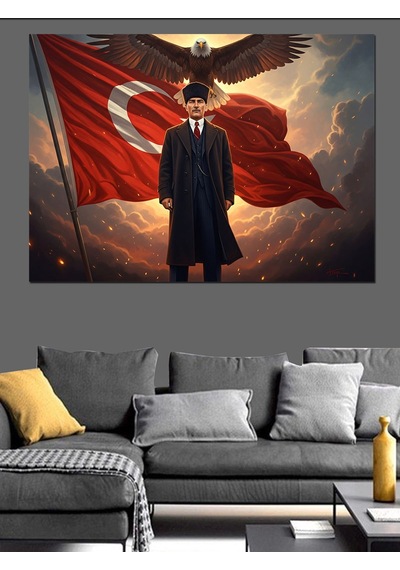 Bayrak Önünde Atatürk Ve Kartal Dekoratif Kanvas - Mdf Ahşap Tablo