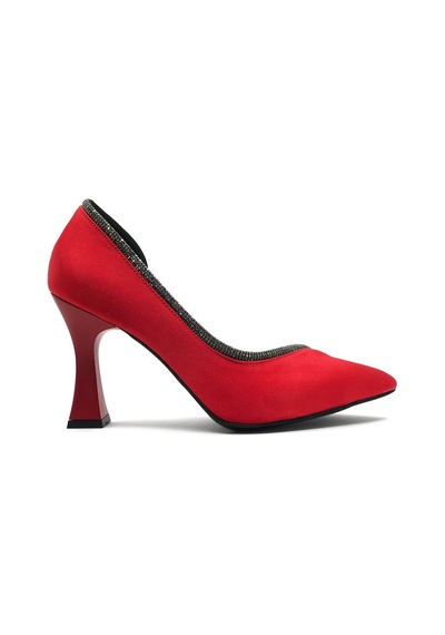 Feles Kadeh Topuk Saten Taşlı Stiletto Kadın Topuklu Ayakkabı Kırmızı