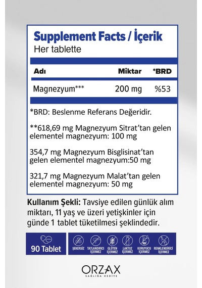 Extramag Üçlü Kombinasyon Magnezyum 200 Mg Takviye Edici Gıda 90 Tablet