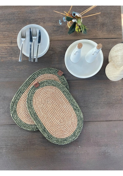 Bohem Tarz 2 Li Doğal İp Amerikan Servis Hasır Görünümlü, Leke Tutmaz, Naturel-yeşil 40x28 Cm Naturel/ Yeşil
