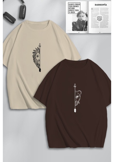 Unisex Kadın Erkek Aslan Ok Baskılı Sevgili Çift Kombini Tasarım Oversize Tshirt 2li Kahve Bej Mck0202 Çok Renkli