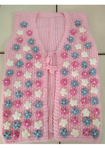 İncili Elişi Papatyalı Yeni Model Gelin Yeleği Pembe Açık Bej - Kırmızı