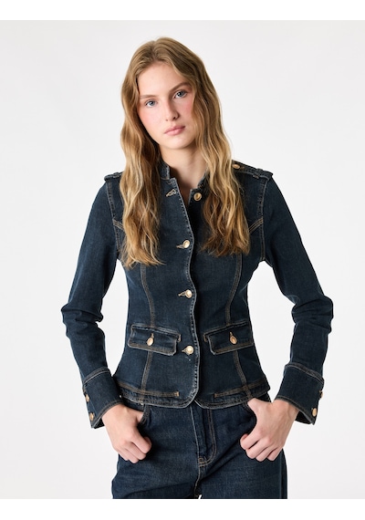 Koton Cepli Omuz Apoletli Pamuklu Düğmeli Dik Yaka Denim Ceket Koyu İndigo 7wal50021md