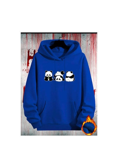 Medinenur Sevimli Pandalar Baskılı Kapüşonlu Sweatshirt Mavi